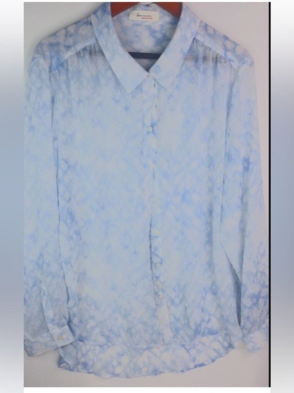 Vince Camuto Teva L Workwear Etherial Blue Cloud Semi-sheer Button Down Top